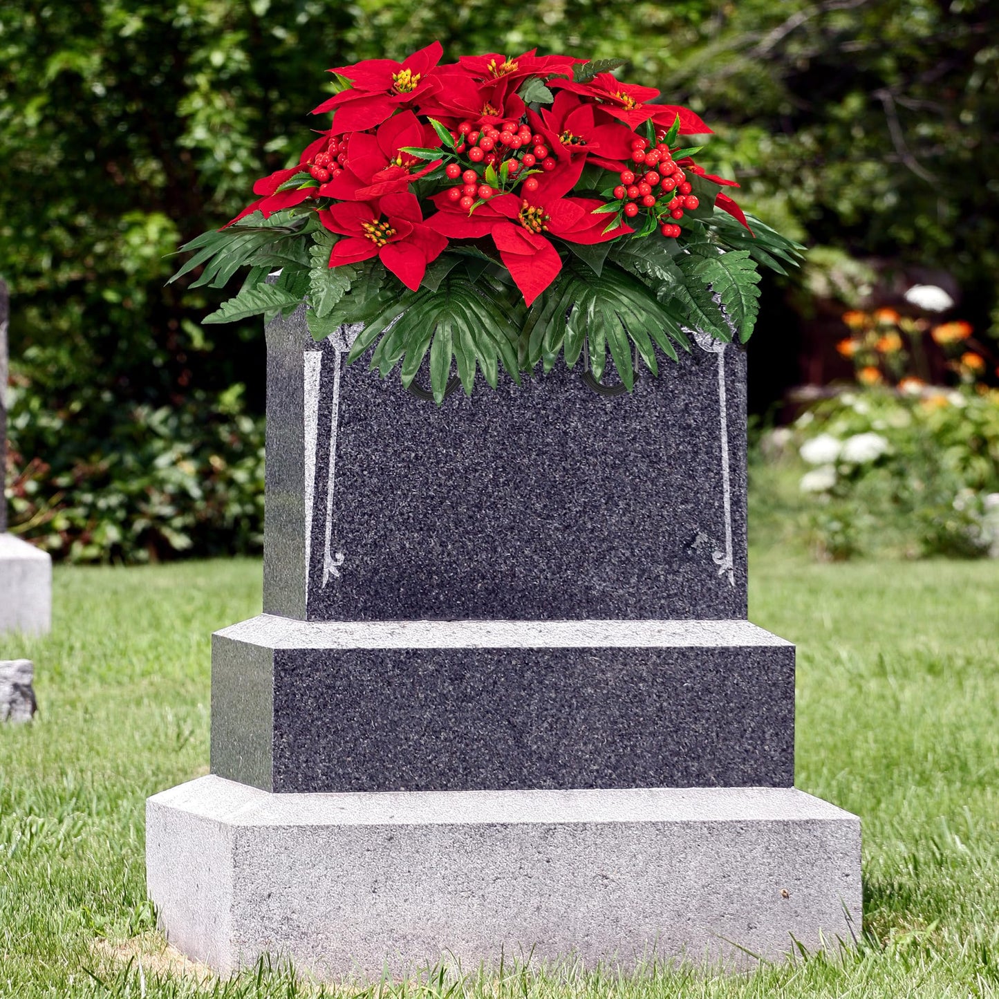 Uqueeten Poinsettia Flowers Artificial Christmas Grave Decorations for Cemetery Sympathy Flowers Cemetery Vases for Grave Fake Flowers Christmas Cemetery Decorations Plastic Christmas Flowers (Red)