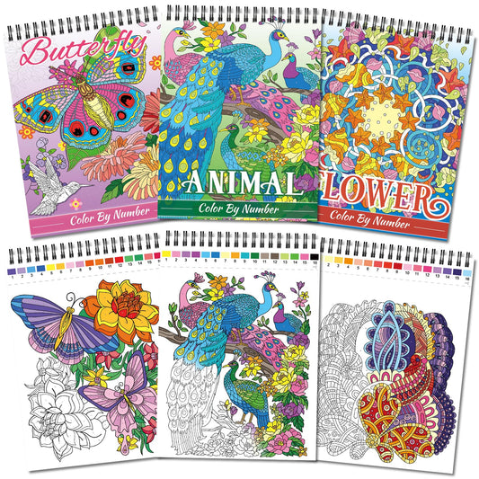 Kalysky Relaxation Adult Coloring Books - Color by Numbers,3 Coloring Books for Adult or Women,Theme - Flower,Butterfly,Animal
