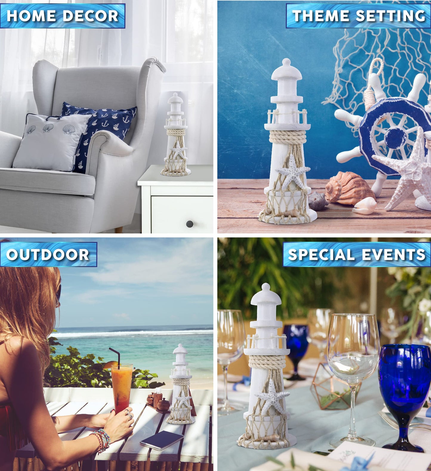 Puzzled COTA Global White Lighthouse Decor - Handmade and Crafted Wooden Lighthouse Decoration with Starfish, Decorative Tabletop Centerpiece Home Decor - 8.75 Inches