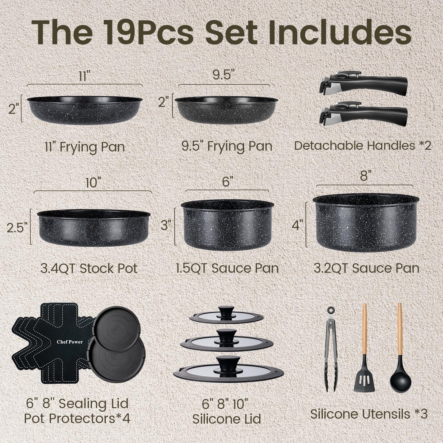 Chef Power Ceramic Nonstick Cookware Set 19 Piece with Detachable Handle, Induction Dishwasher Oven Safe Pans and Pots Set, RV Kitchen Set Removable Handle, Rock Stone Black