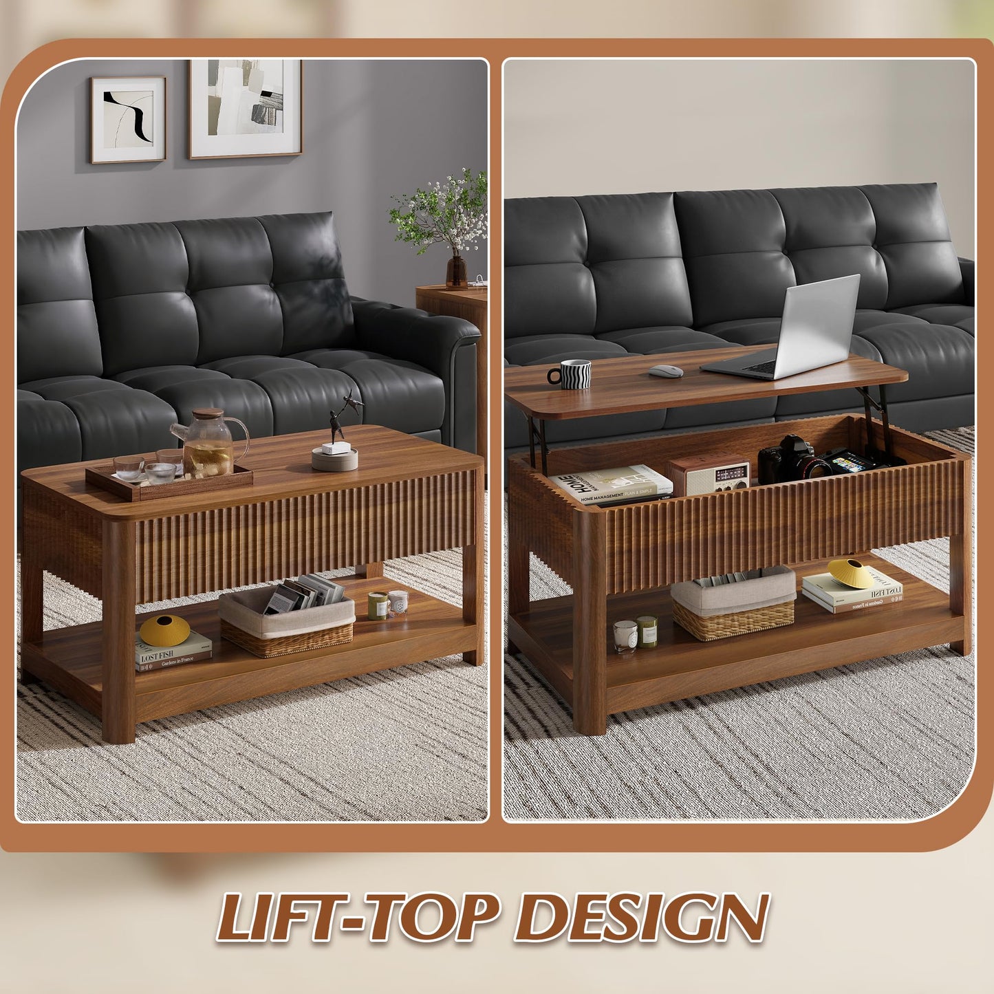 Nasonet Lift Top Coffee Table with Storage, Mid Century Modern Coffee Table with Hidden Compartment, Fluted Wood Center Table for Small Space, Living Room, Home Office(Walnut)