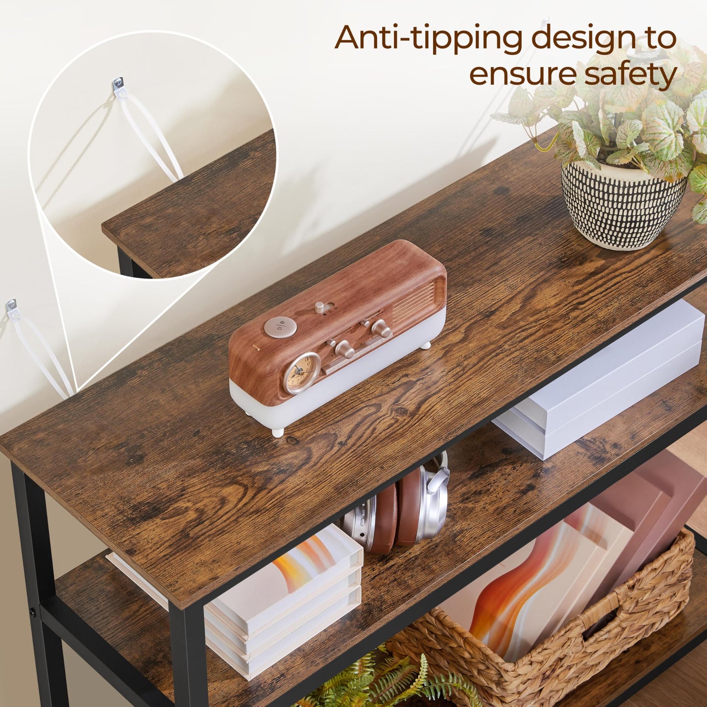 Yaheetech Industrial Console Table, 3 Tier Entryway Table with Storage Shelves, Narrow Sofa Tables for Living Room, Foyer, Hallway, Entrance, Metal Frame, Rustic Brown