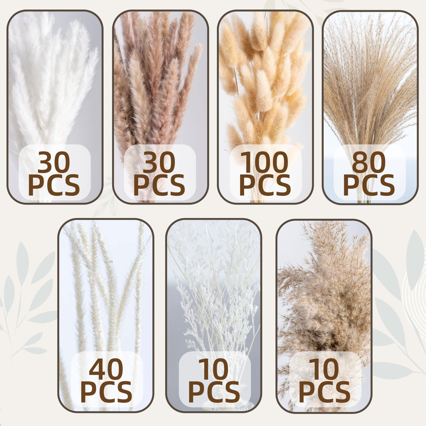 300PCS Natural Pampas Grass Mix Bouquet | Dried Pampas Bouquet for Wedding Boho Flowers Home Table Decor Desk Decor, Rustic Farmhouse Decor (300PCS)