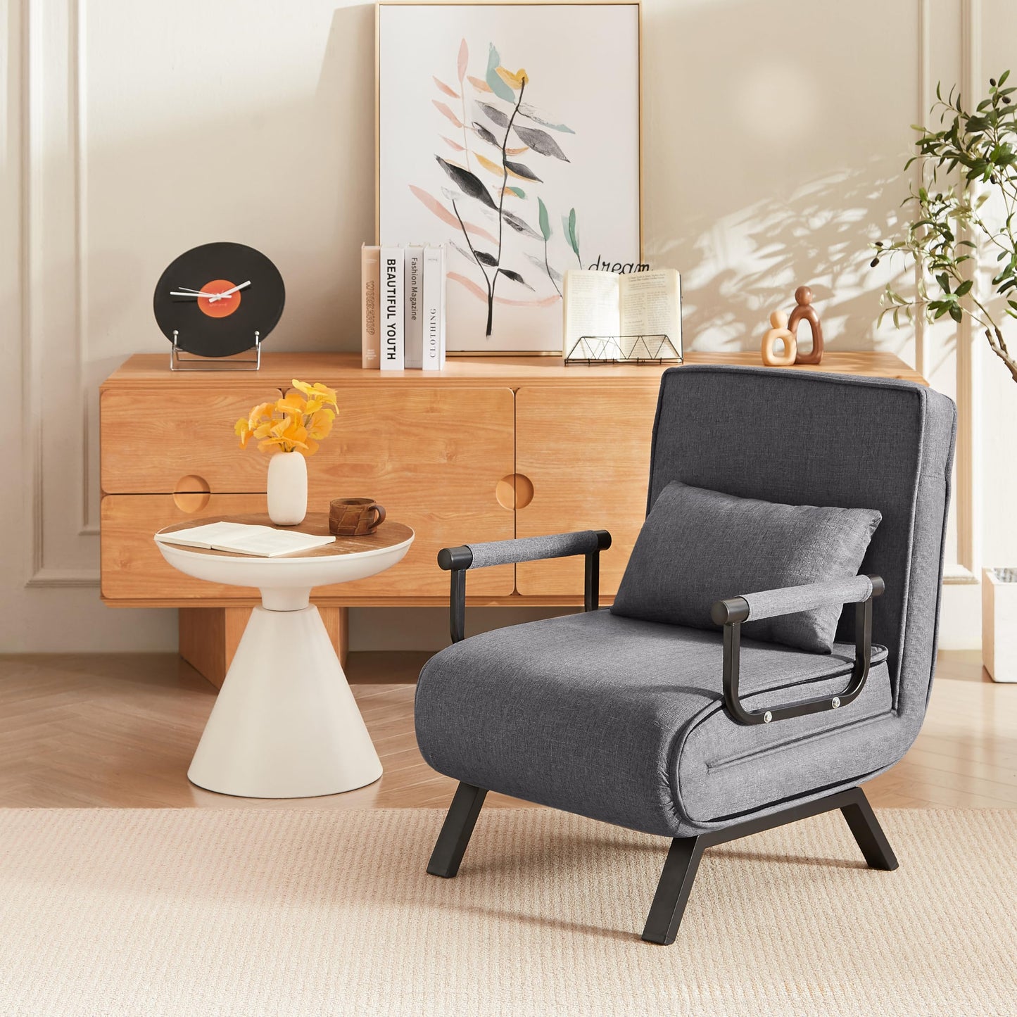 QQU 5-in-1 Convertible Sleeper Chair, Adjustable Folding Sofa Pull Out Bed, Chaise Lounge & Single Bed, Lounge Chair Indoor for Small Spaces, Living Room, Office, Apartment, Guest Room, Grey