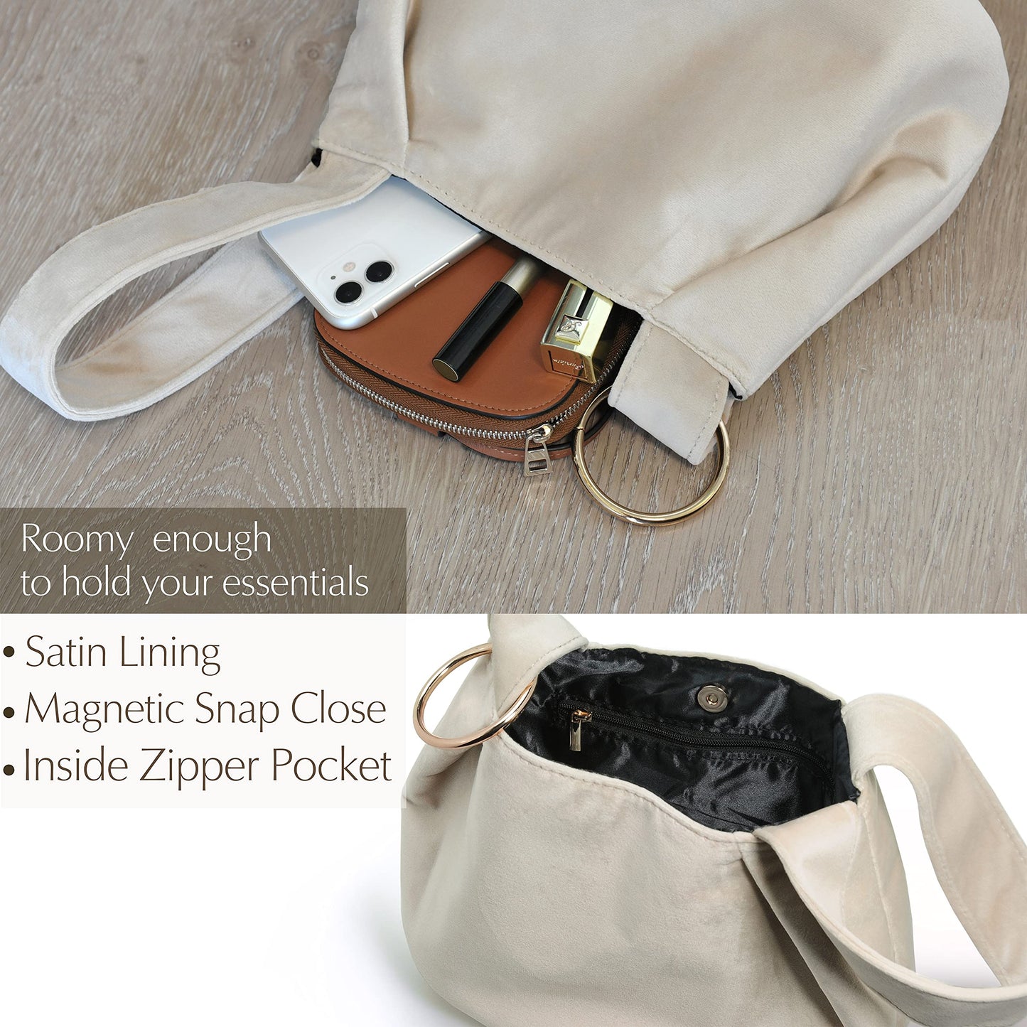 Women Clutch Velvet Top Handle Bag Wristlet Small Tote Purse (Beige)