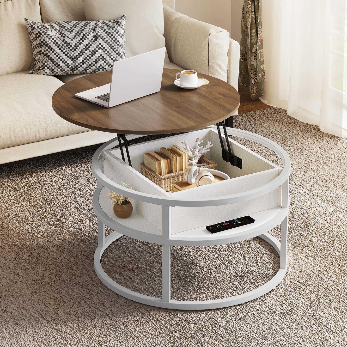 YITAHOME Round Lift Top Coffee Table, Coffee Tables for Living Room with Hidden Storage Compartment, Modern Coffee Table with Storage for Home Office,Round Center Tables Living Room,Brown and White