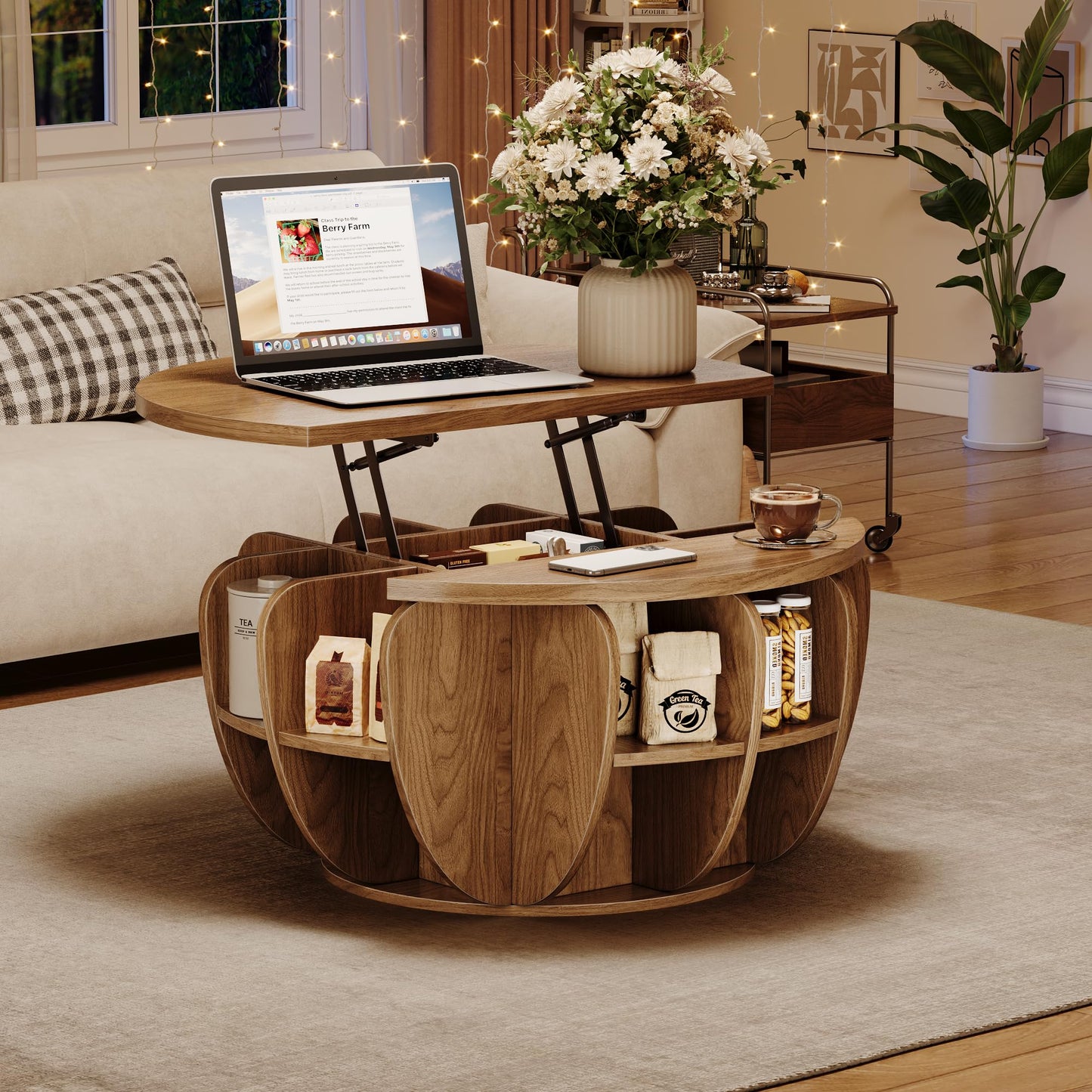 32.7" Lift Top Coffee Table with Storage, Wood Round Center Table with Hidden Storage Compartment & Shelves, Mid Century Modern Coffee Tables for Living Room Rustic Accent Small Center Table