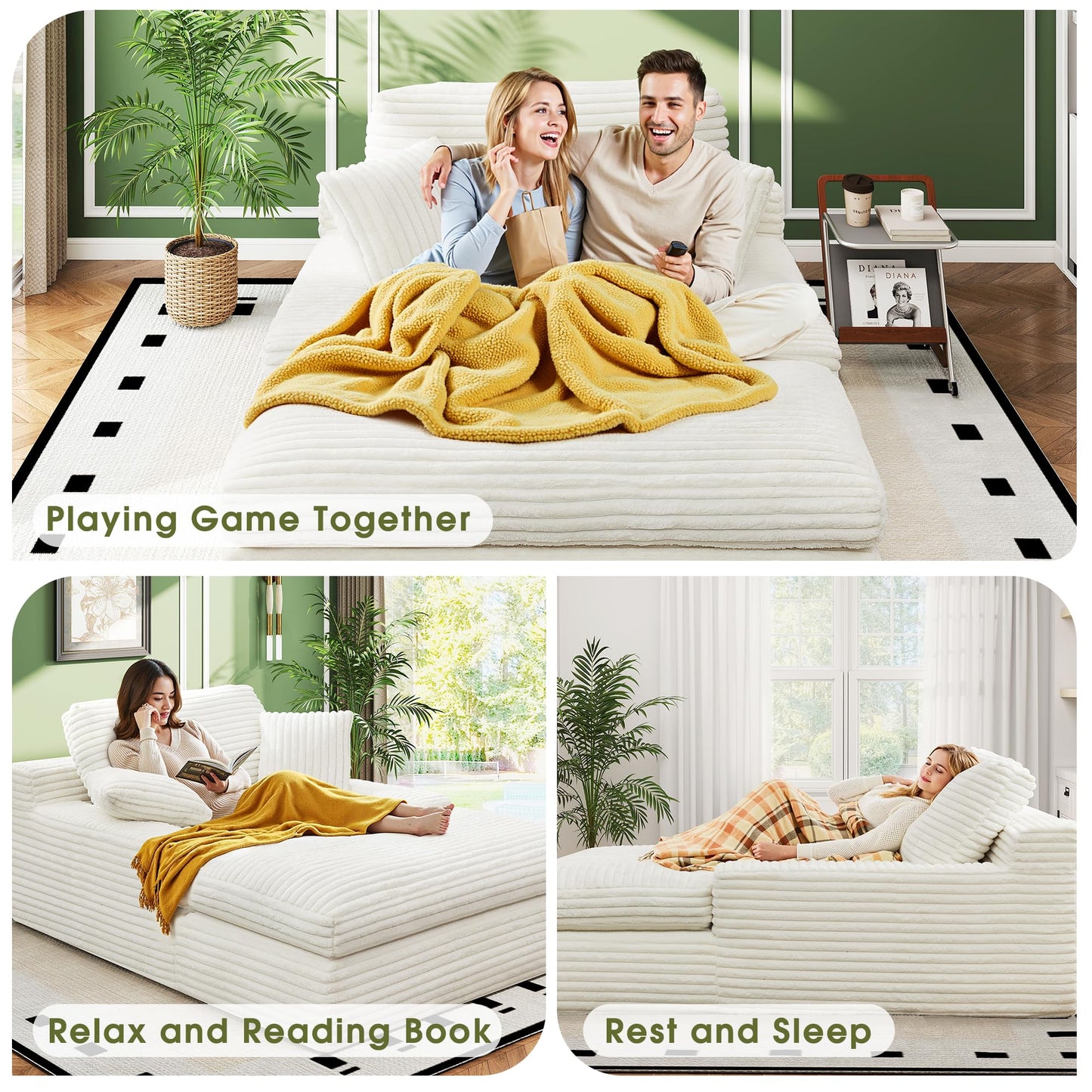 WorthFurni 57.5" Oversized Chaise Lounge Chair Indoor - Upholstered Sofa Bed with Cushions and Armrests Sleeper Chair - Plush Bed for Living Room(White