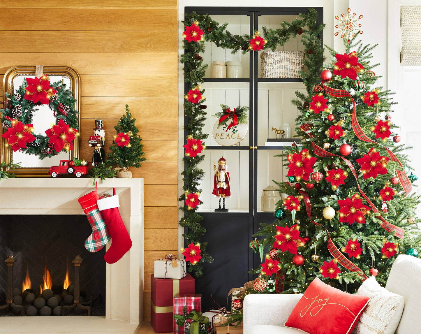 Geefuun 28PCS Christmas Tree Decorations: Poinsettias Artificial Flowers Ornaments Xmas Red Glitter Flower with Clips,3 Sizes(Not Included Stems)