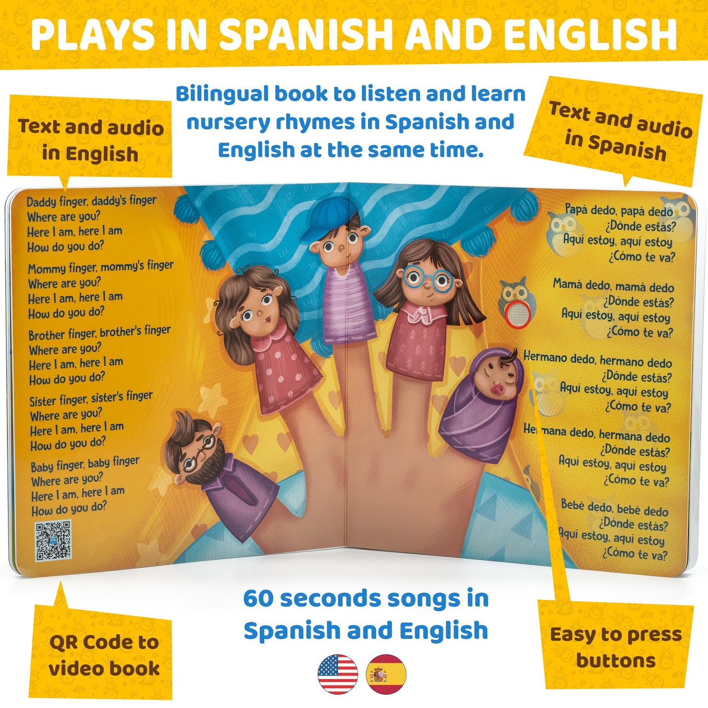 Bilingual Baby Books Spanish & English - Nursery Rhyme Books for Babies and Toddlers with Sound: Great Book to Learn Spanish for Kids, Award Winning Bilingual Sound Books Learning Toys by GUFINO