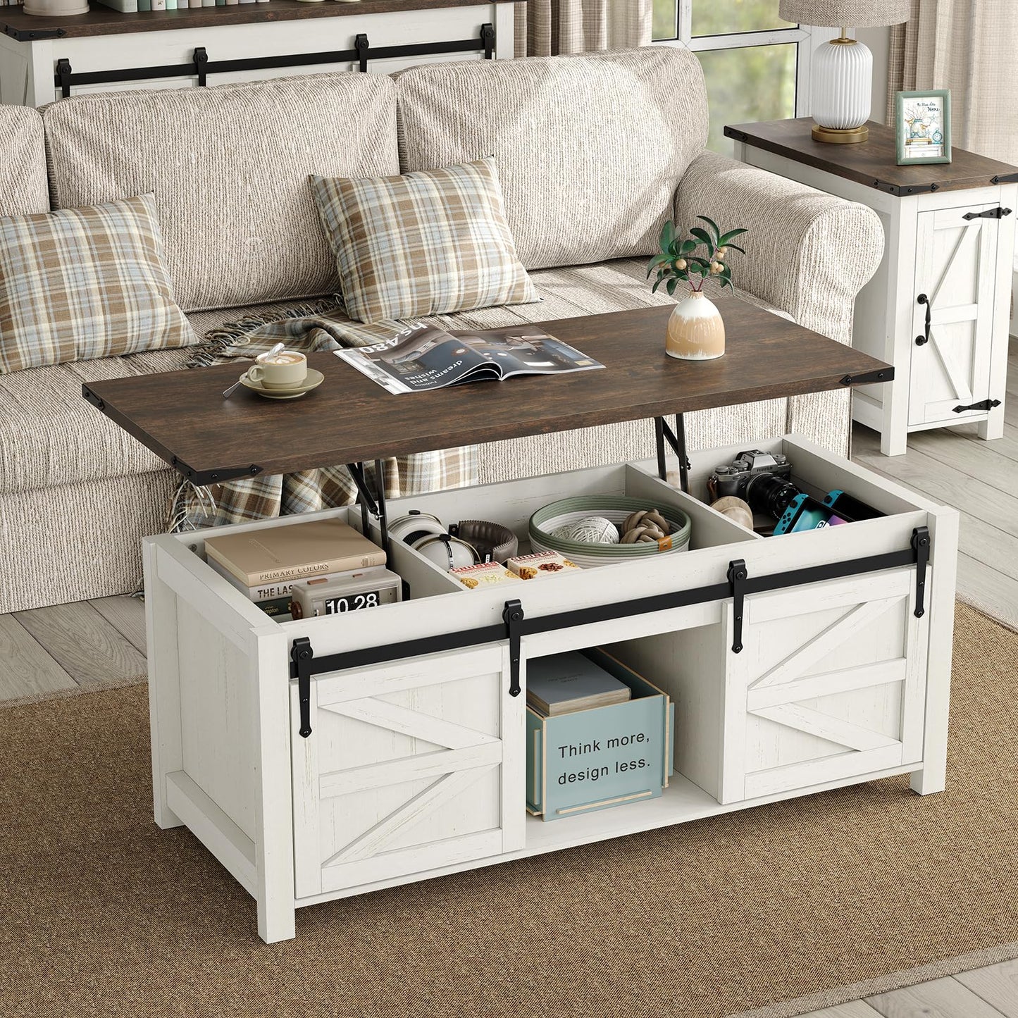 Furnihold 47.3'' Lift Top Coffee Table with Storage, Modern White Coffee Table with Sliding Barn Doors, Farmhouse & Rustic Rectangle Center Table for Living Room, Office, Brown Top