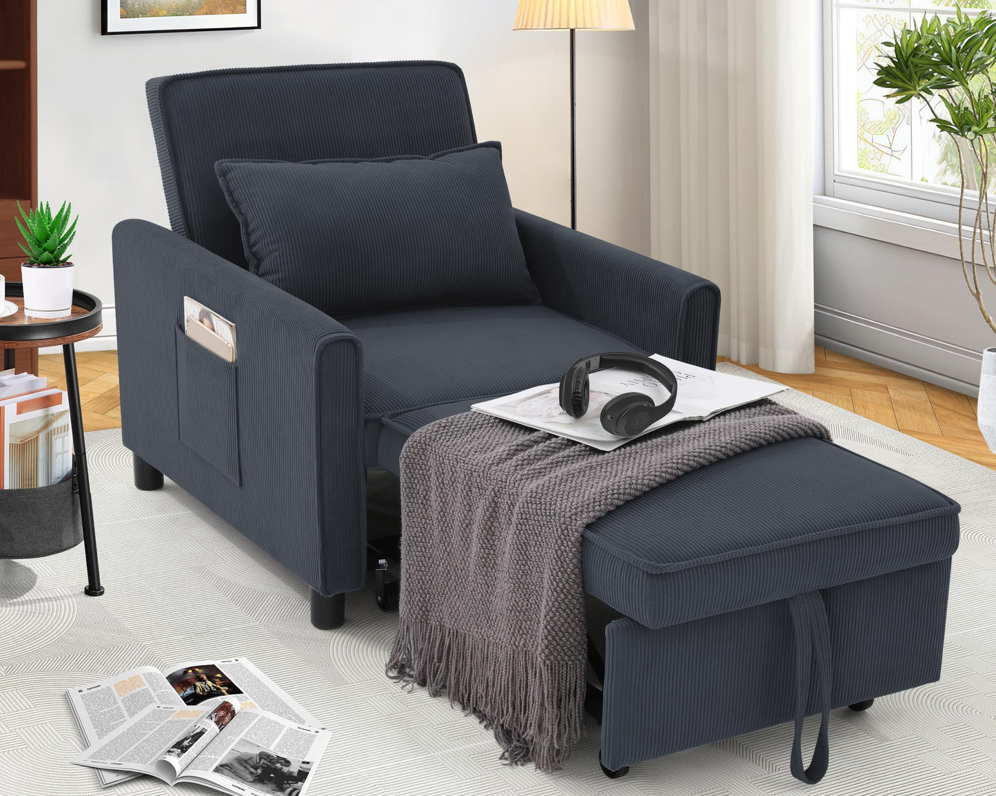 SEJOV Sleeper Chair, 3 in 1 Convertible Sofa Chair with Pull Out Futon Bed for Adults, Modern Corduroy Single Recliner for Small Spaces w/Adjustable Backrest, 2 Side Pockets & Pillow, Dark Gray