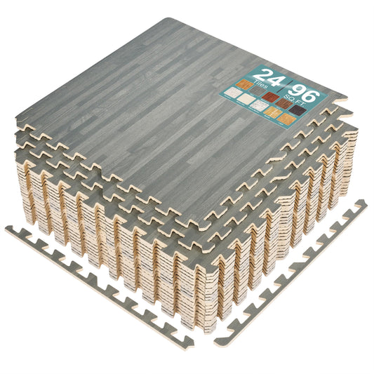 Sorbus 96 Sq. Ft. Wood Grain Floor Tiles Foam Mat EVA Interlocking Mats Tile 3/8-Inch Thick Flooring Wood Puzzle Exercise Mats w/Borders - Home Playroom Basement, Apartment, Trade Show, Baby, Dance