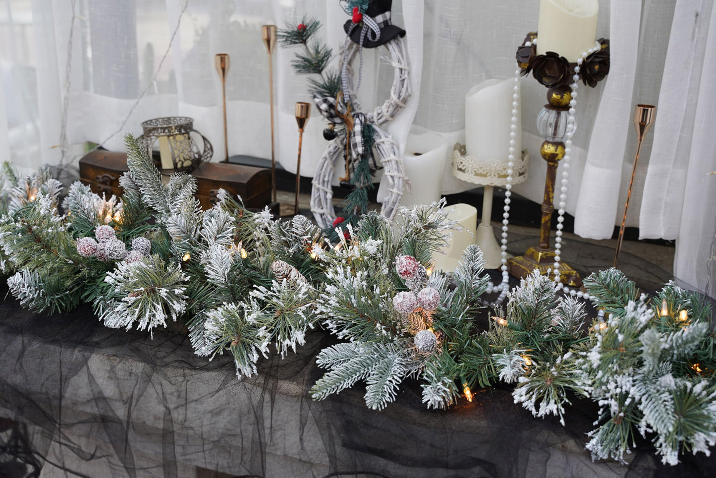 CRSMATTS Pre-Lit Artificial Christmas Garland, Snowy Garland, White Lights 50, Decorated with Pine Cones, Berry Clusters,Pine Needle,Plug in, Christmas Decorations, 6 Feet