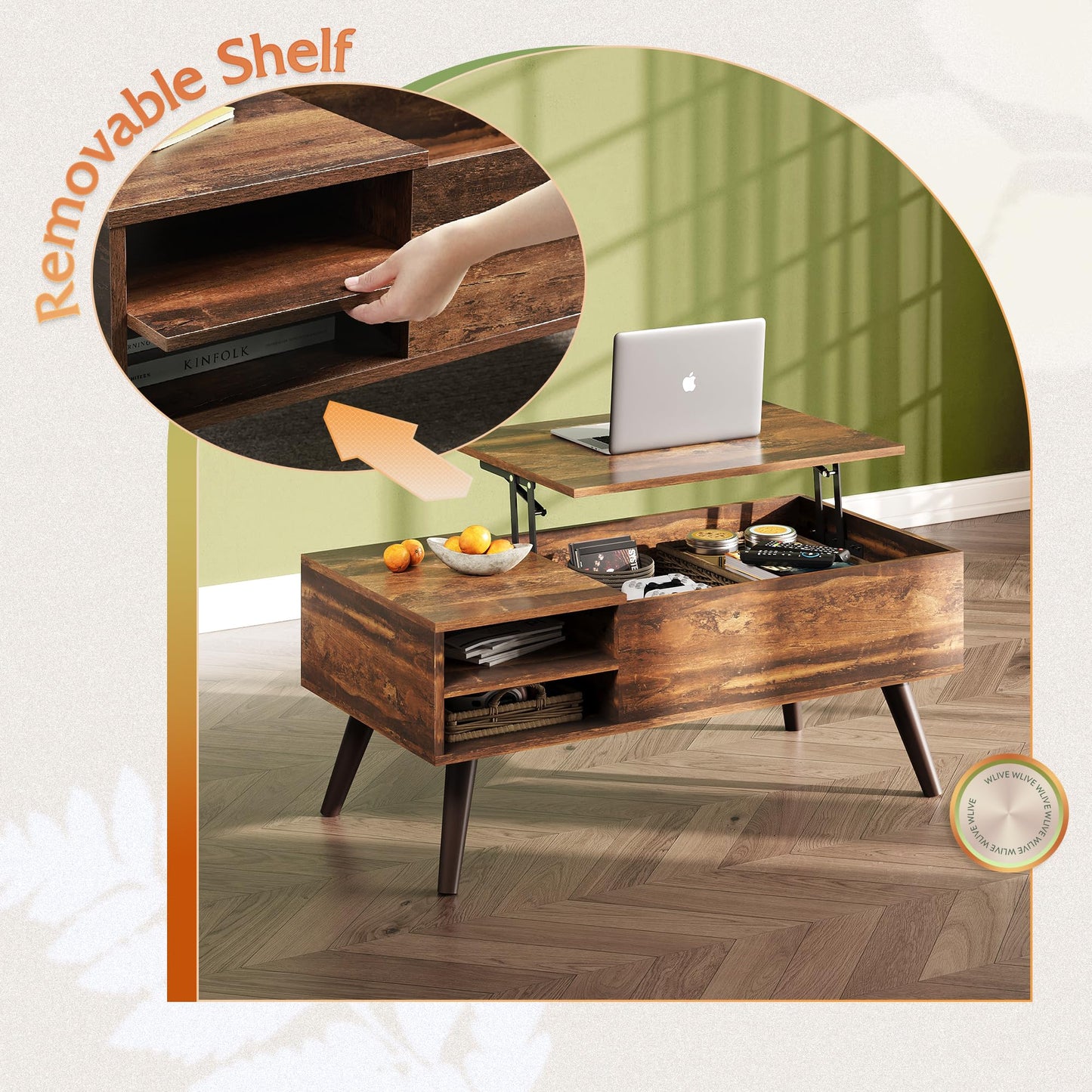 WLIVE Lift Top Coffee Table for Living Room,Small Coffee Table with Storage, Adjustable Shelf and Storage Compartment, Mid Century Modern Living Room Table, Wood, Rustic Brown