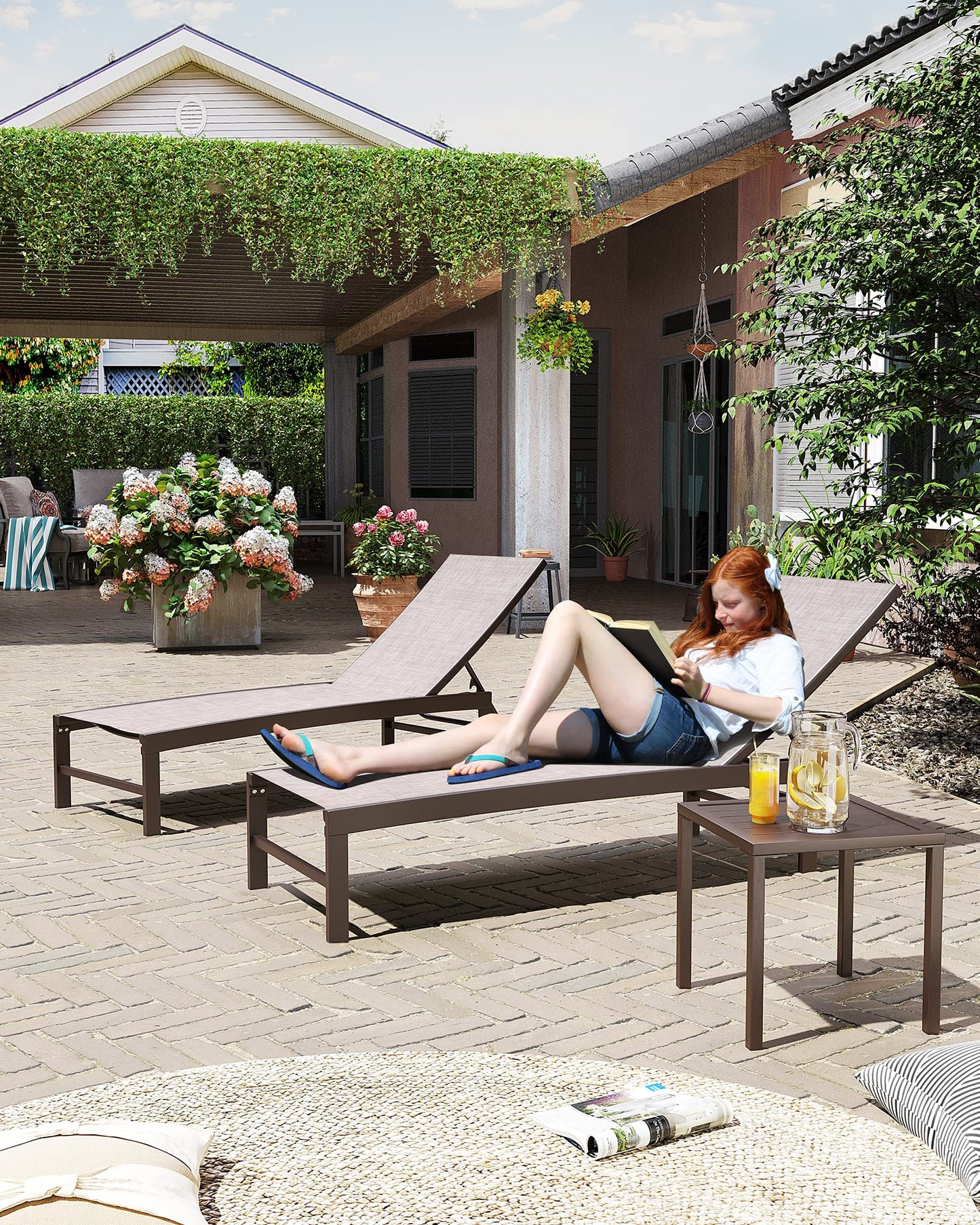 Crestlive Products 2PCS Chaise Lounge Chairs Outdoor with 1PC Side Table, Aluminum Patio Lounge Set, Adjustable Five-Position Recliner for Beach, Pool, Sunbathing, Lawn, Yard