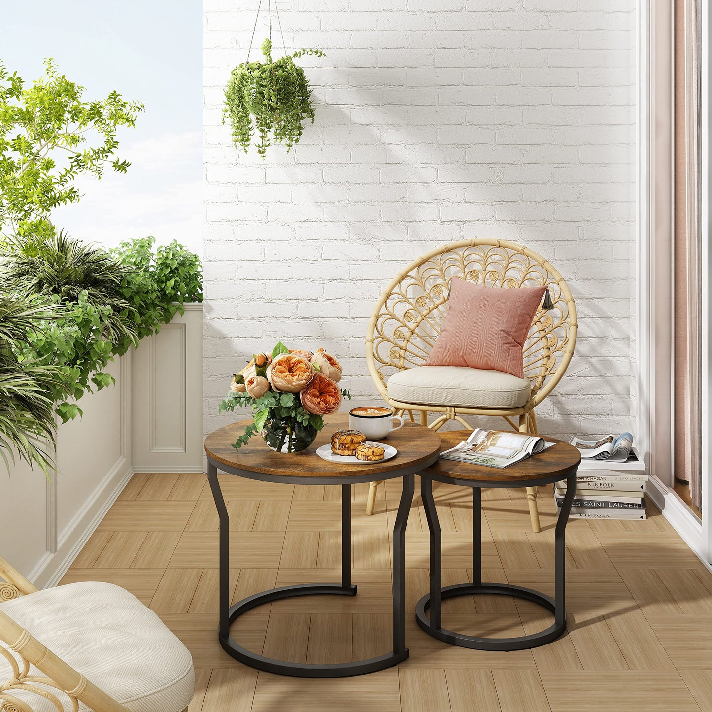 Hoctieon Nesting Coffee Tables, Round Nesting Tables Set of 2, End Tables, Stacking Nesting Tables for Living Room, Circle Coffee Tables, Side Tables Wooden Table Top, Rustic Brown