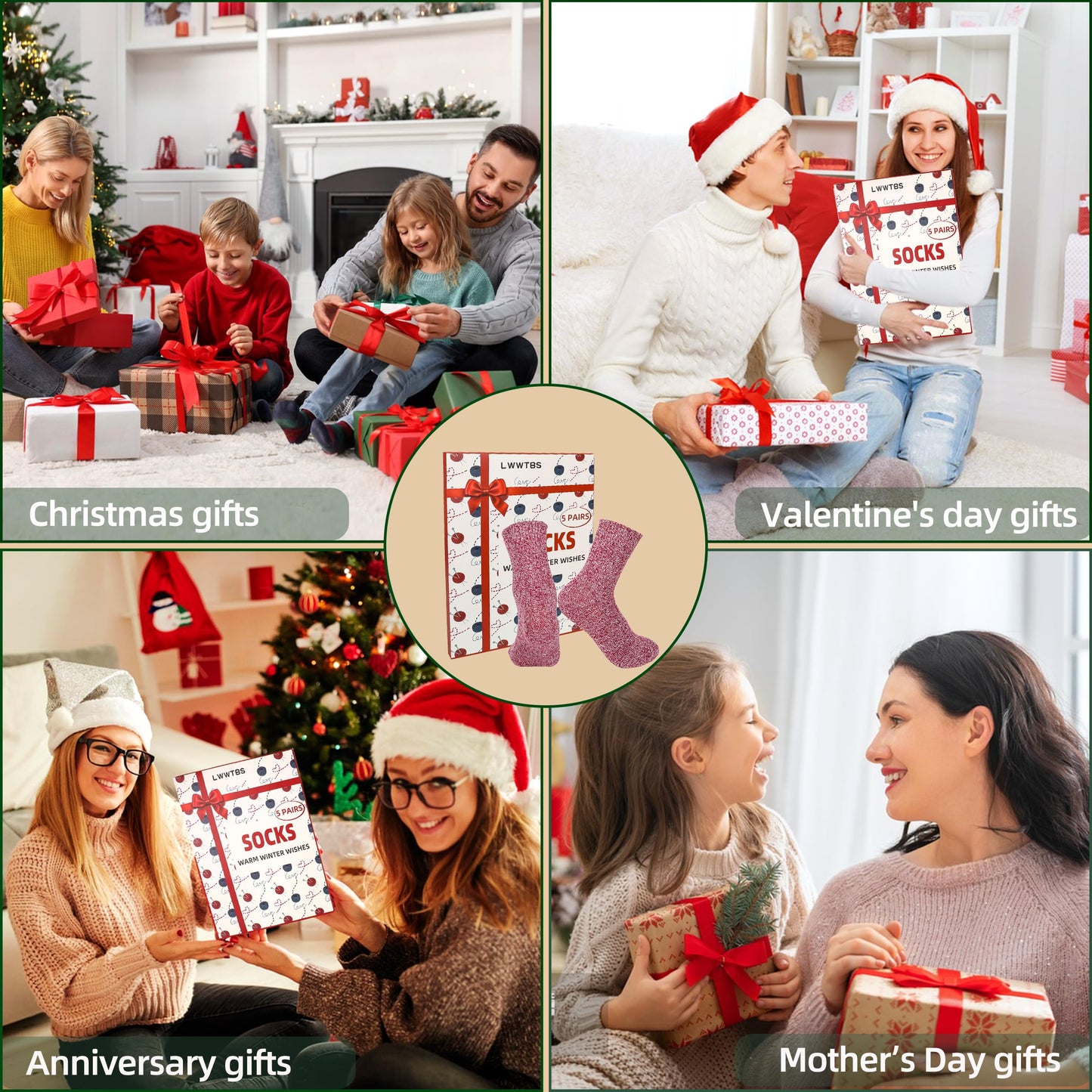 LWWTBS Womens Wool Socks 5 Pairs Winter Warm Thick Knit Wool Soft Vintage Casual Crew Socks Gifts for Women Men (Mul-5)