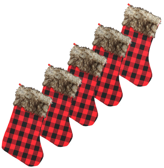 Iconikal 5-Pack Red Buffalo Plaid 18-Inch Christmas Stockings - Fabric Holiday Decor with Brown Faux Fur Cuff