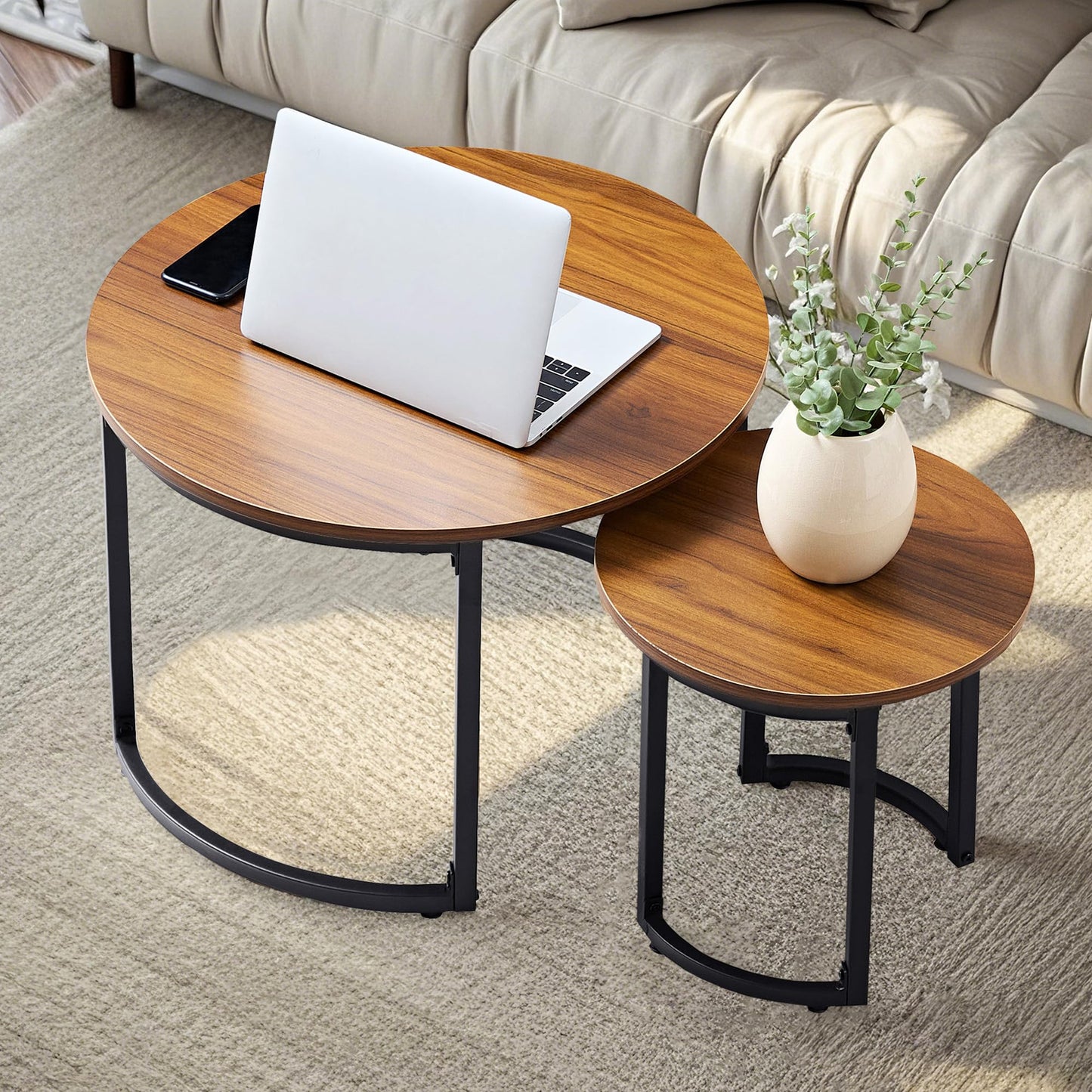 VECELO Nesting Coffee Table Set of 2, Wood Round Side Tables with Adjustable Non-Slip Feet, for Living Room, Brown