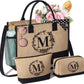 Personalized Gifts for Women Tote Bag, Initial Jute Tote Bag & Makeup Bags Monogrammed Beach Bag w/ Zipper, Birthday Gifts Mothers Day Gifts for Mom Women Her Friend Sister Wife Grandma Teacher Nurse