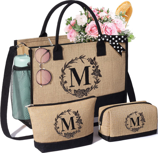 Personalized Gifts for Women Tote Bag, Initial Jute Tote Bag & Makeup Bags Monogrammed Beach Bag w/ Zipper, Birthday Gifts Mothers Day Gifts for Mom Women Her Friend Sister Wife Grandma Teacher Nurse