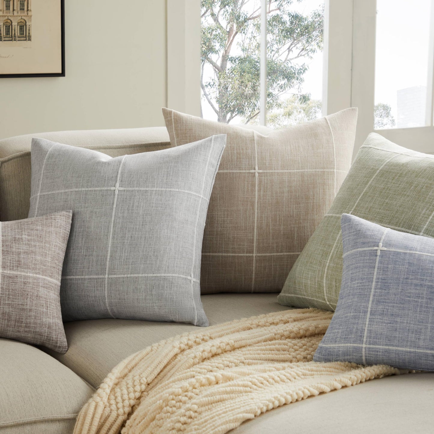 YZJZEDS 2 Packs Grid Embroidery Throw Pillow Covers, 20x20 Inch Green, Farmhouse Cotton Linen Decorative Sage Green Cushion Covers for Sofa Bed Living Room Home Decor