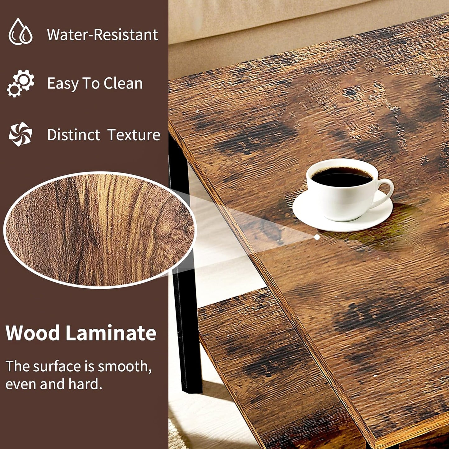 VECELO Coffee Table, Adjustable Coffee Table Set of 2 with End Table for Living Room, Nesting Table with USB Ports and Wheels, Modern & Industrial for Bedroom，Apartment, 31.5" and 20"，Rustic Brown