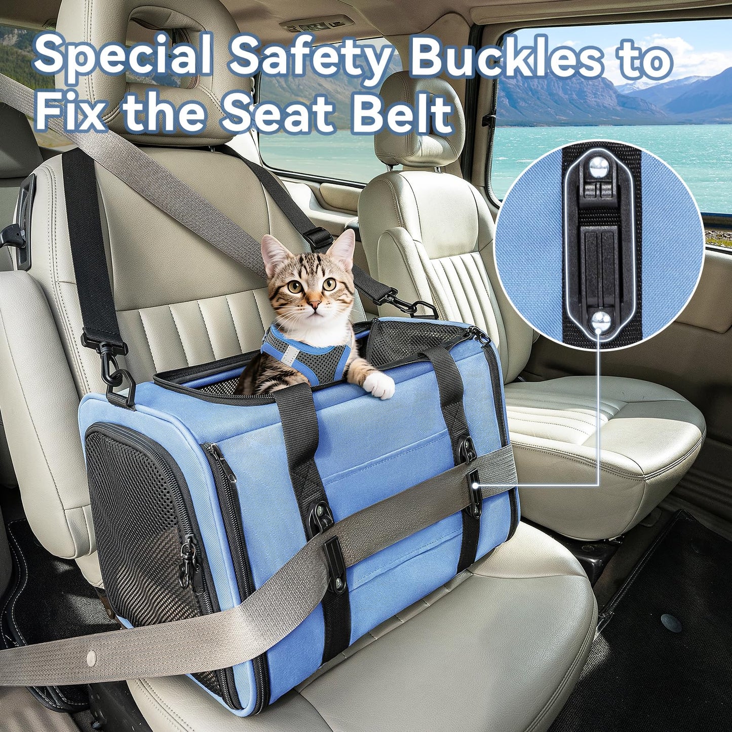 PETSFIT Soft-Sided Cat Carriers & Car Seats with Patent Safe Buckles, Clip-On Harness，18"x11"x11" Airline Approved Pet Carrier - 9 lbs Capacity (Blue)