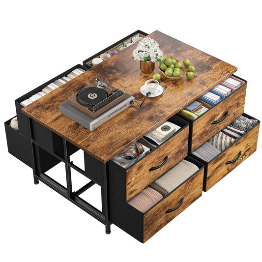 EnHomee Coffee Table with Storage, Modern Coffee Tables for Living Room, Black Center Table with Fabric Drawer and Large Hidden Space for Bedroom, Home, Office