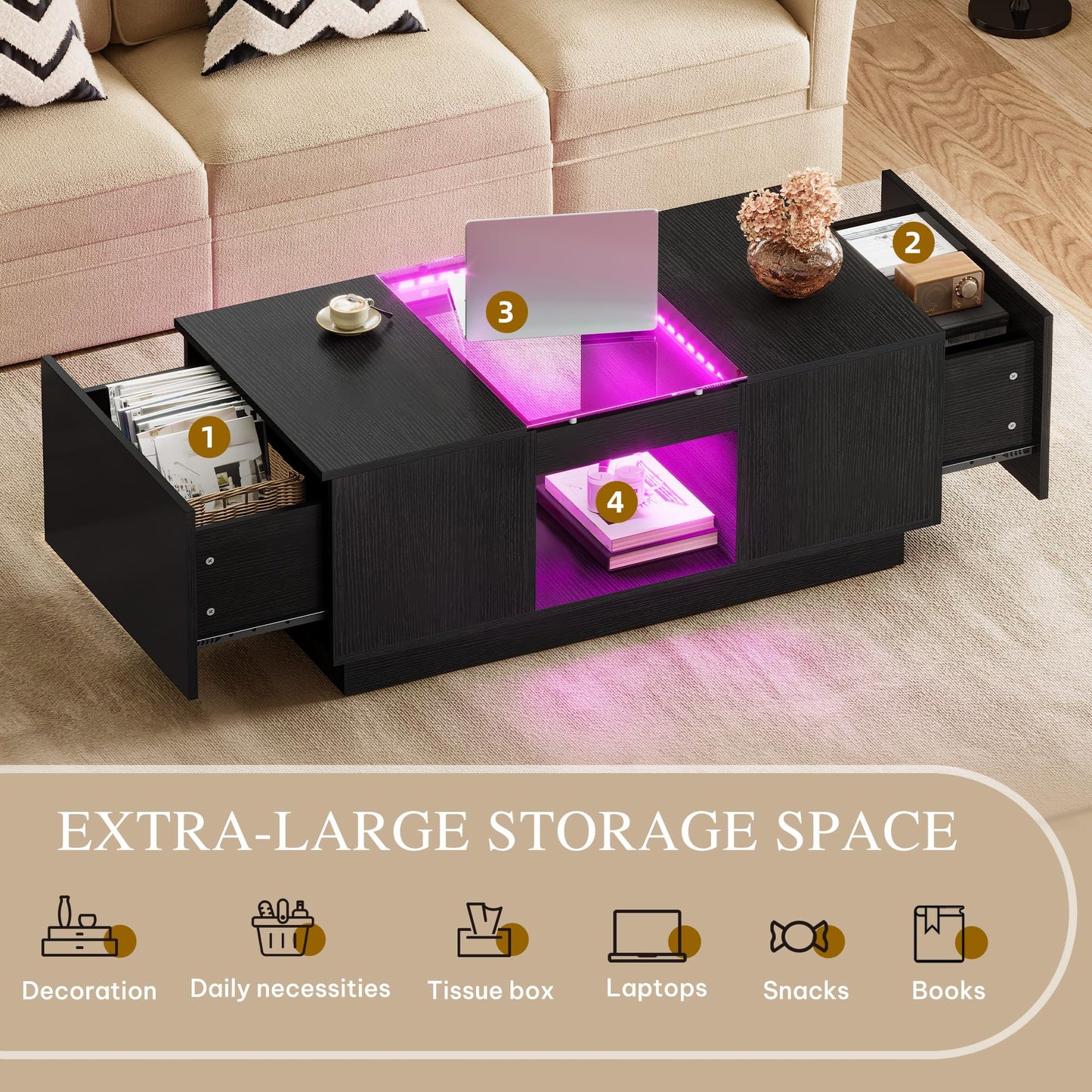 YITAHOME Modern Coffee Table with LED Lights, Rectangle Coffee Table with 2 Large Drawers, Spacious Glass Coffee Table, Upscale Large Living Room Table with Power Outlets and Remote Control, Black