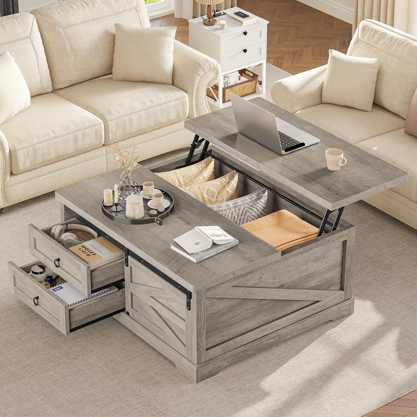 Itaar 39.4'' Lift Top Coffee Table with Storage, Farmhouse Coffee Tables for Living Room, Square Coffee Table with Large Hodden Compartment & 2 Drawrs & Adjustables Shelves (Gray)