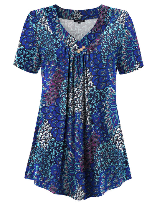 FOLUNSI Plus Size Tunic Tops for Women Loose Fit Pleated Front Flowy Shirt Blouses Peacock Print, XL