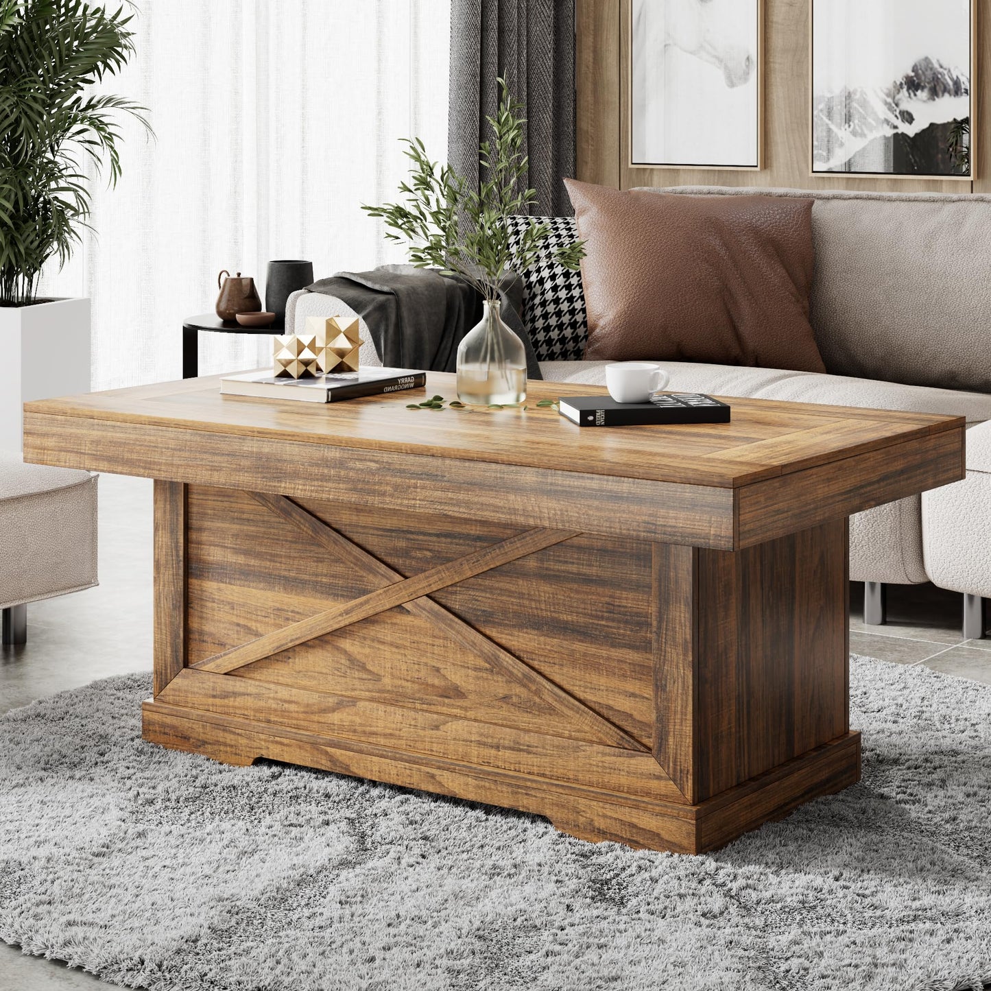 Lareth Coffee Table 39 in Rustic Center Table with X-Design Wooden Pedestal for Living Room, Space Saving, Easy Assembly Rectangle Home Office Tea Accent Table for Dining Room Apartment, Walnut