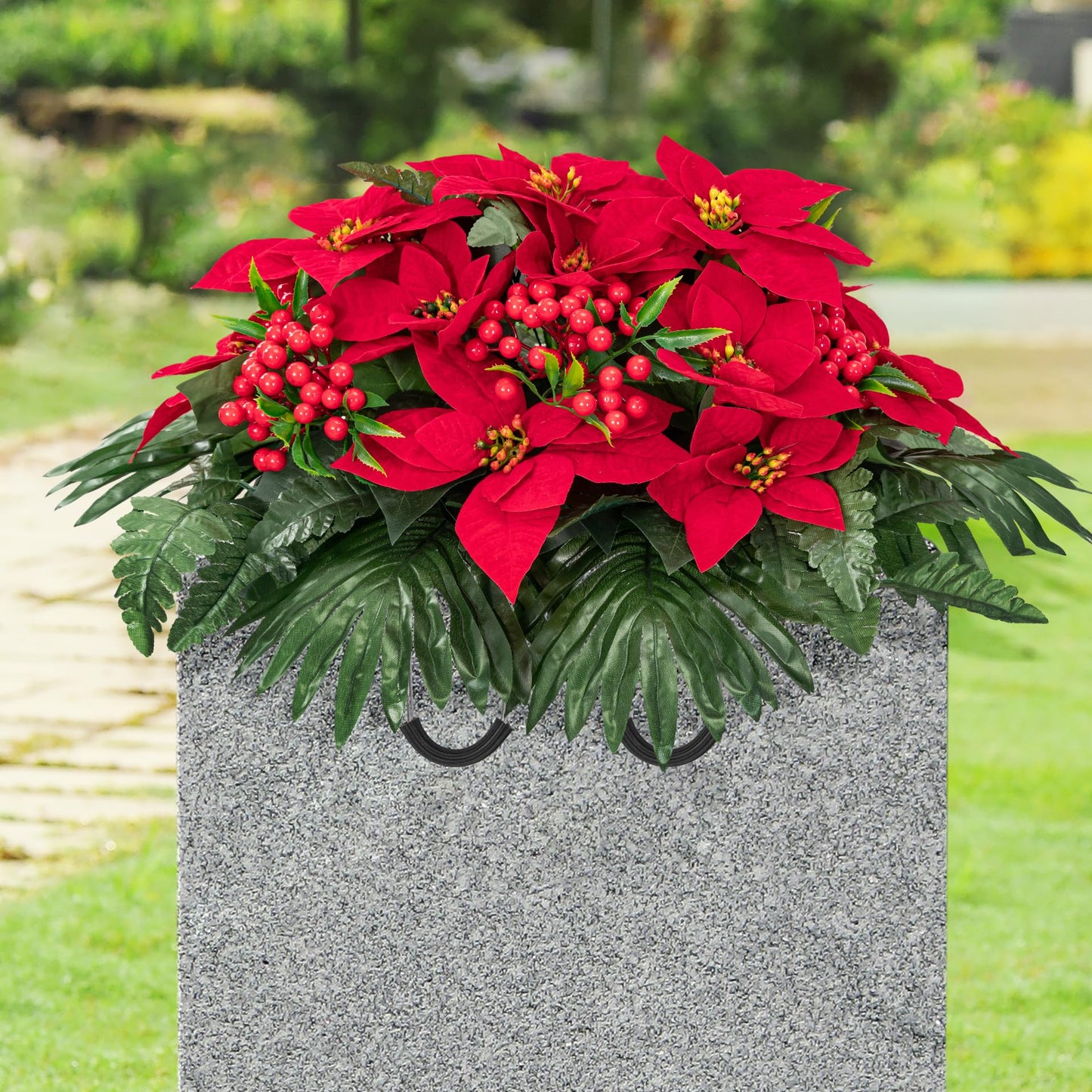 Uqueeten Poinsettia Flowers Artificial Christmas Grave Decorations for Cemetery Sympathy Flowers Cemetery Vases for Grave Fake Flowers Christmas Cemetery Decorations Plastic Christmas Flowers (Red)