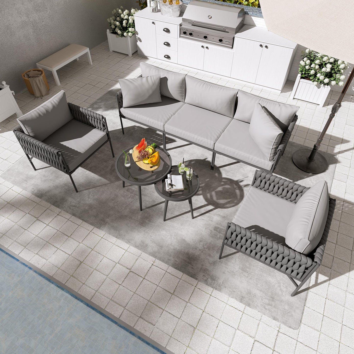 Aluminum 7-Piece Outdoor Patio Furniture Set, Conversation Sets with Comfortable Cushions, outdoor sectional and Tempered Glass Tables for Porch, Balcony, Poolside, Balcony & Courtyard (Gary)