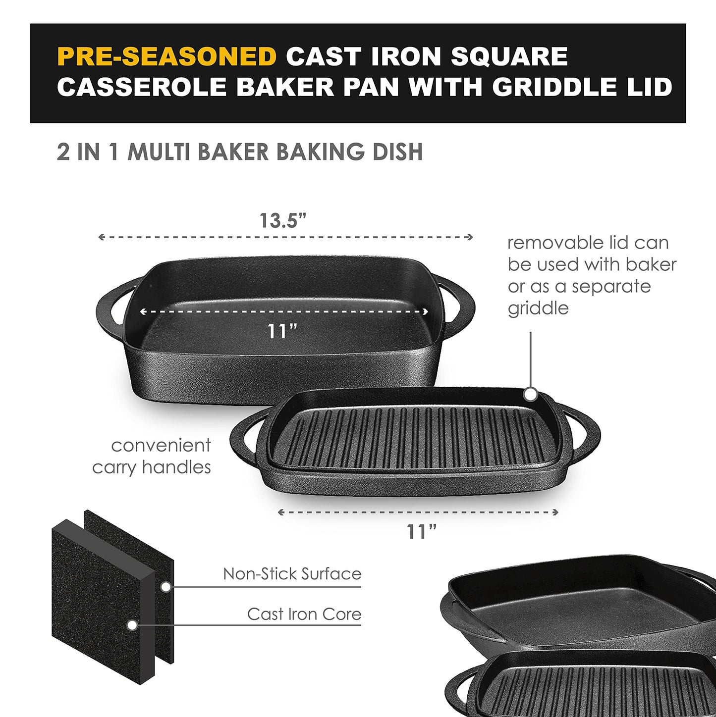 Bruntmor 2-in-1 Pre-Seasoned Cast Iron Dutch Oven and Grill Pan with Dual Handles - 11-Inch Non Stick Square Casserole Dish with Lid - Cast Iron Cookware for Braising, Crock Pot and Oven Safe Skillet