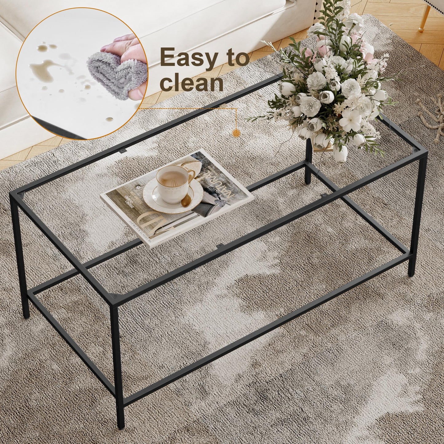 Homleke Glass Coffee Table, Modern Rectangular Black Coffee Table for Living Room, Minimalist Center Tea Table with Sturdy Metal Frame for Apartment, Office, Dining Room, Easy Assembly, Black