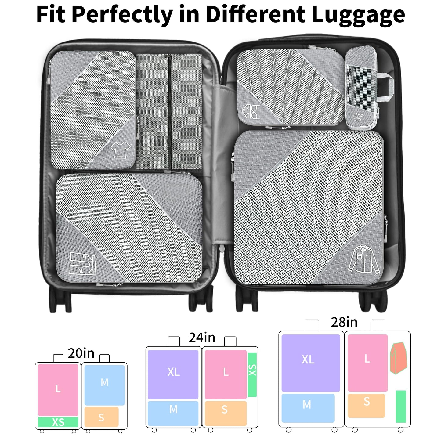 Ultralight Suitcase Organiser Bags Set - 6 Expandable Packing Cubes for Travel Essentials, Carry-on Luggage Suitcase (Grey)