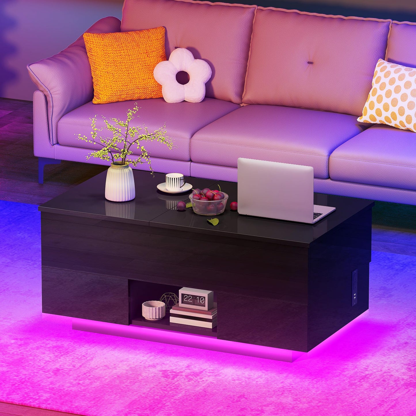 YITAHOME LED Lift Top Coffee Tables with Power Outlets Charging Station for Living Room, Modern Coffee Table with Storage 2 Drawers and Open Shelfs Rectangular Small Coffee Table Decor, Glossy Black