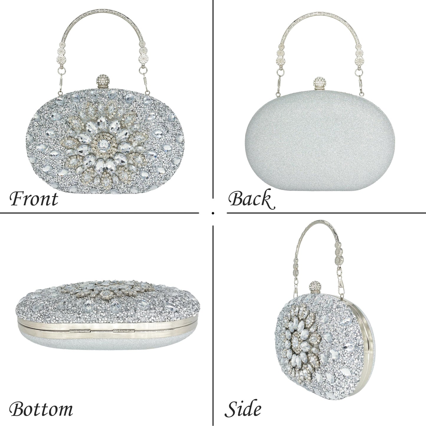 MAIRLOM Rhinestone Clutch Purses for Women Evening Wedding Formal - Round Pearl Clasp Handbag Crystal Gemstone Bag for Party Prom(Silver Clutch)