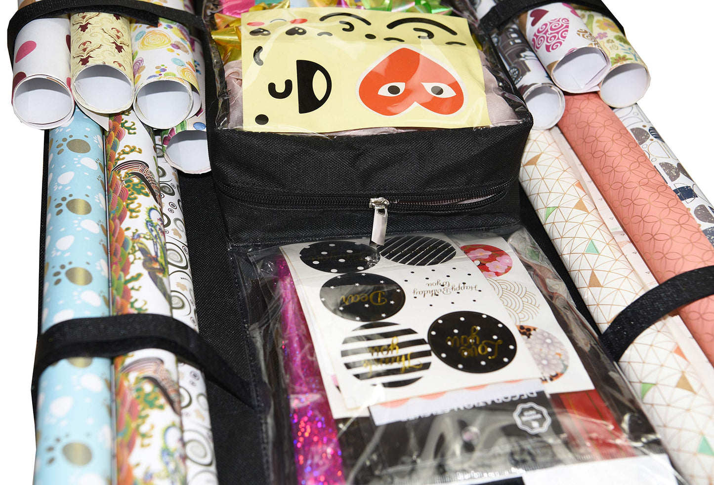 Freegrace Double Sided Hanging Gift Wrap Organizer | Large 16" x 41" Wrapping Paper Rolls Storage Bag | Tearproof & Space Saving Closet Gift Bag Organization Solution (Black)