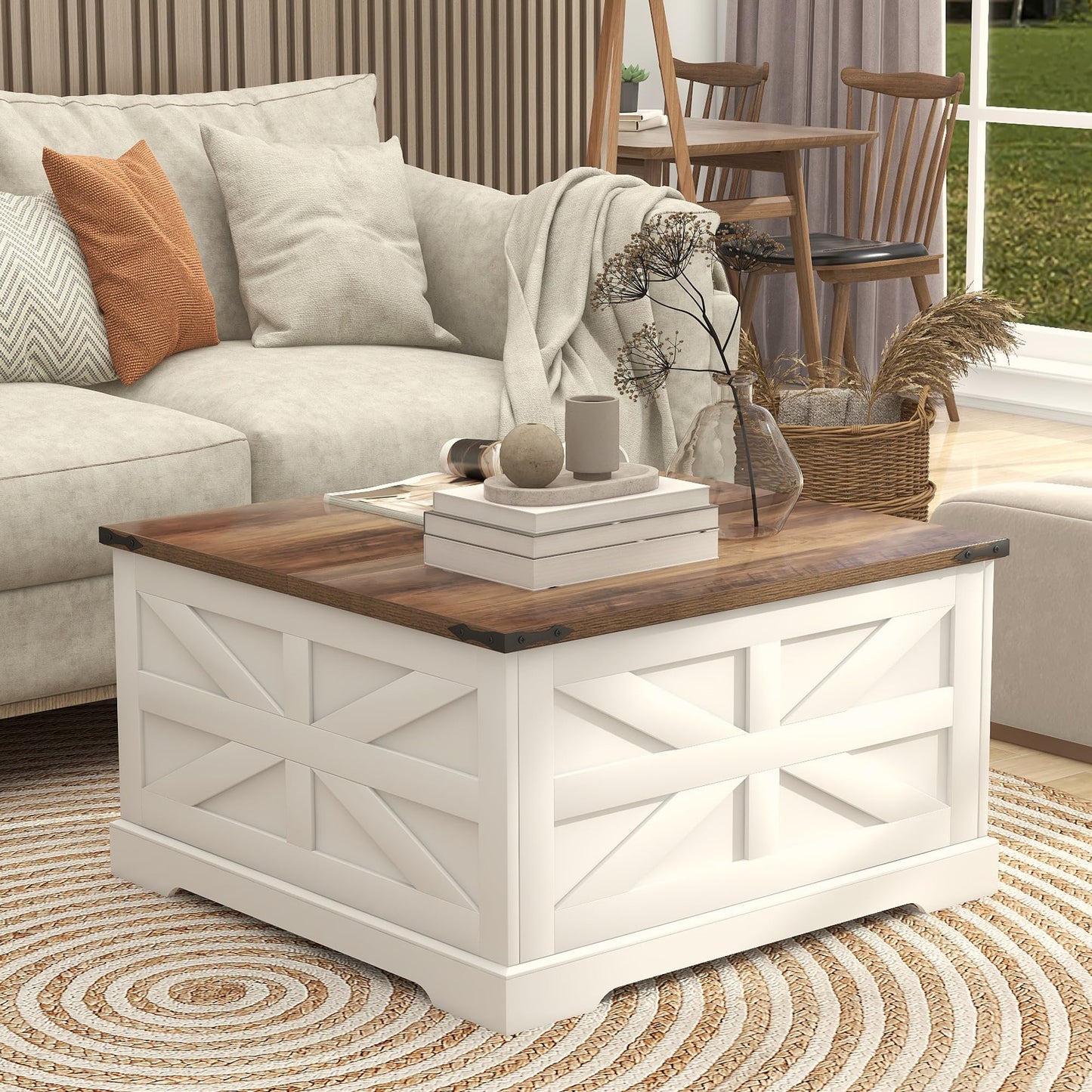TaoHFE Lift Top Coffee Table with Storage,Rustic White Farmhouse Coffee Table, Square Storage Compartment and Adjustable Shelves Coffee Tables for Living Room (Oak White)