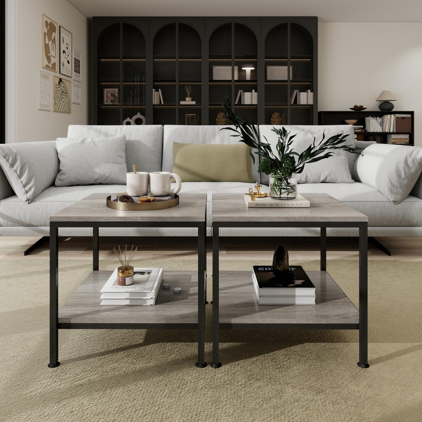 KirKical 20 Inch 2 Tiers Square End Table with Metal Frame, Rustic Grey Fridge Stand Side Table Sturdy Easy Assembly Simple Style for Living Room Bedroom, Slate Grey