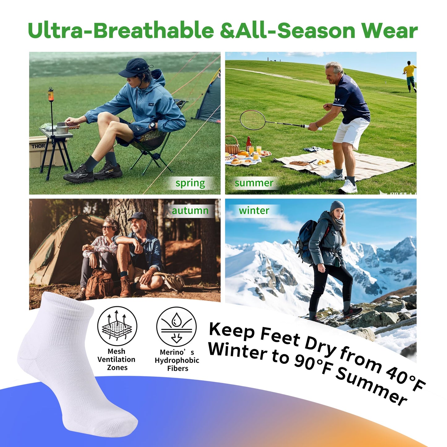 RZTT 90% Merino Wool Socks for Men and Women Athletic Ankle Socks with Arch Support Breathable Ultra Soft 3 Packs for All day Comfort,Medium,White