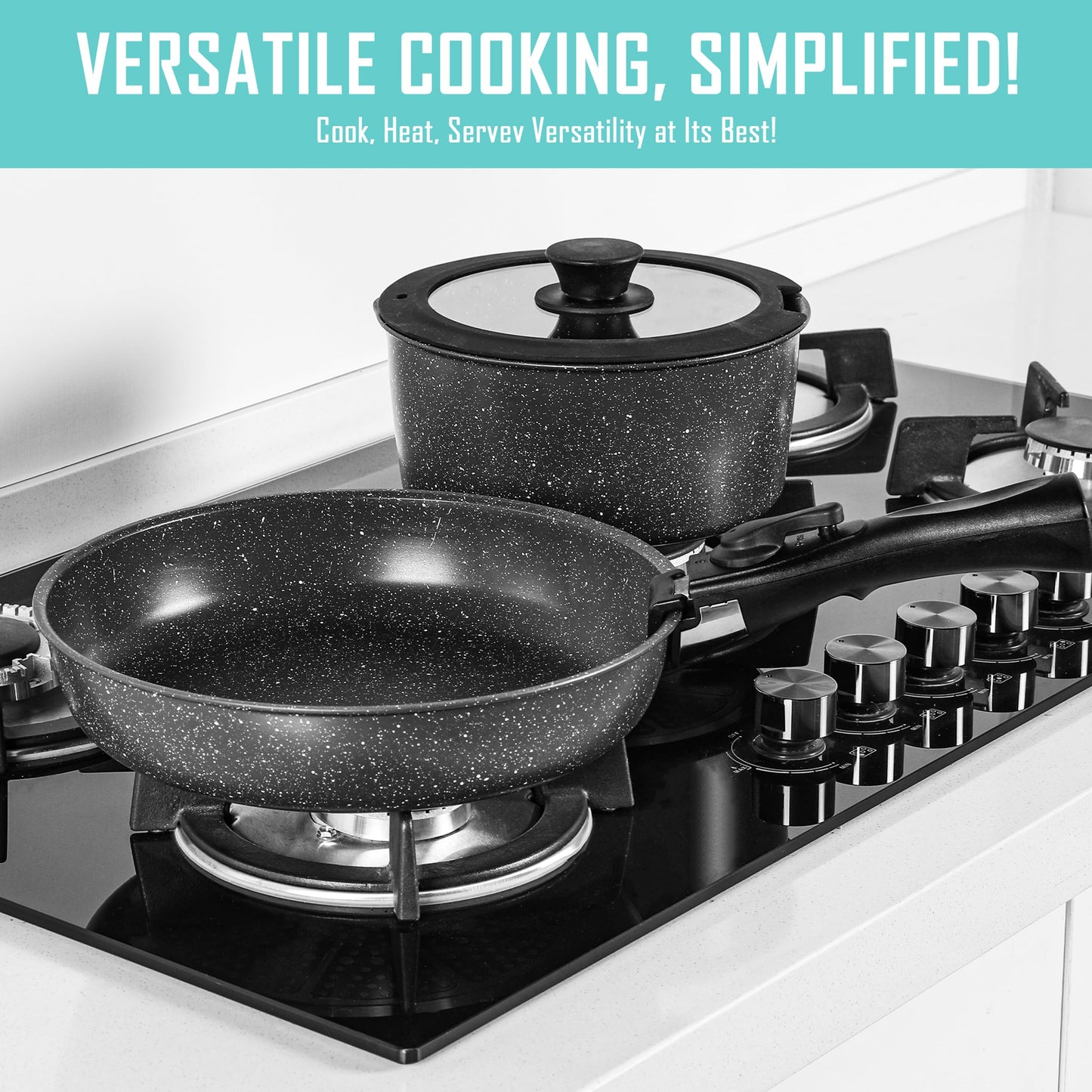 15-Piece Premium Nonstick Cookware Set – Marble Coated Pots & Pans (Interior & Exterior), Removable Handle, Space-Saving for RVs & Small Kitchens, Induction & Oven Safe, PFOA-Free