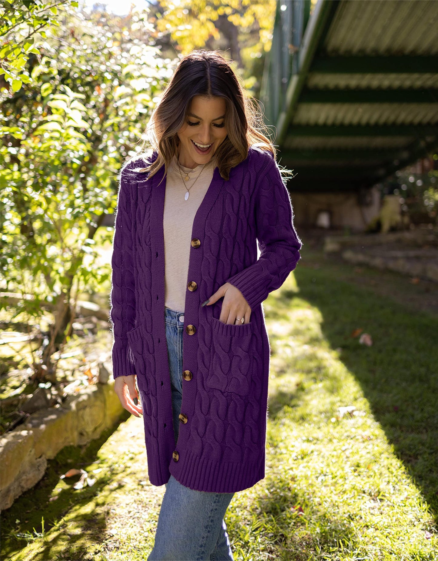 PRETTYGARDEN Long Sleeve Cable Knit Long Cardigan for Women 2025 Fall Winter Chunky Open Front Button Sweaters with Pockets (Deep Purple, X-Large)