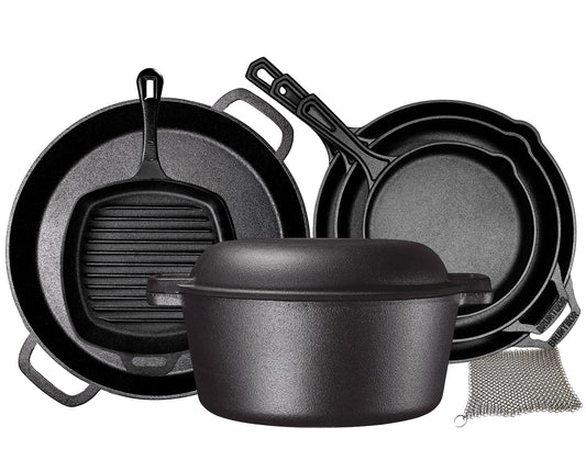 Bruntmor Pre-Seasoned Cast Iron Cookware Set - 8-Piece Bundle with Skillets, Grill Pan, Dutch Oven, Pizza Pan, and Utensils - Durable Pots and Pans Set for Cooking - Ideal Gift for Home or Camping
