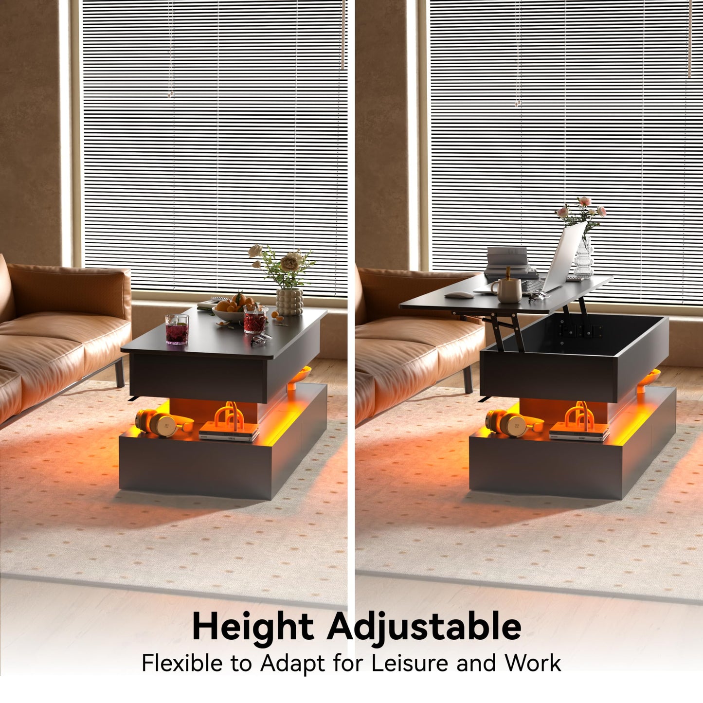 Oransail 40" Lift Top Coffee Table, Led Coffee Table with 3 Fabric Storage Drawers and Hidden Compartmen, Farmhouse Coffee Tables for Living Room