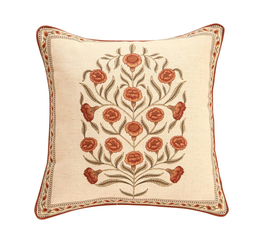 ISAENNE Design Linen Square Vintage Throw Pillow Covers 18"x18", Brick Red Cushion Covers with Orange Floral Green Leaves Pattern Decoration Pillowcases for Bed,Living Room,Outdoor,Car